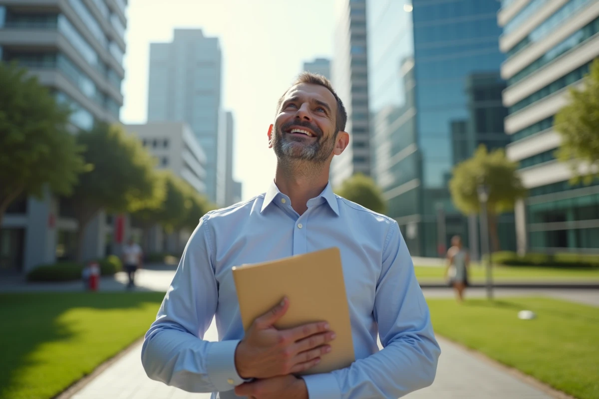 Homme dans un parc urbain avec CV et sourire inspiré