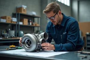 Ingénieur automobile examinant un turbocompresseur démonté sur un établi avec des outils de mesure et des schémas techniques
