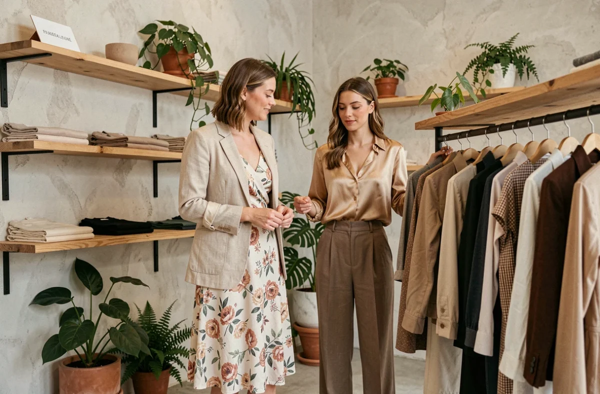 Deux femmes tendance découvrant des vêtements dans une boutique de mode minimaliste, ambiance éditoriale et inspirations mode