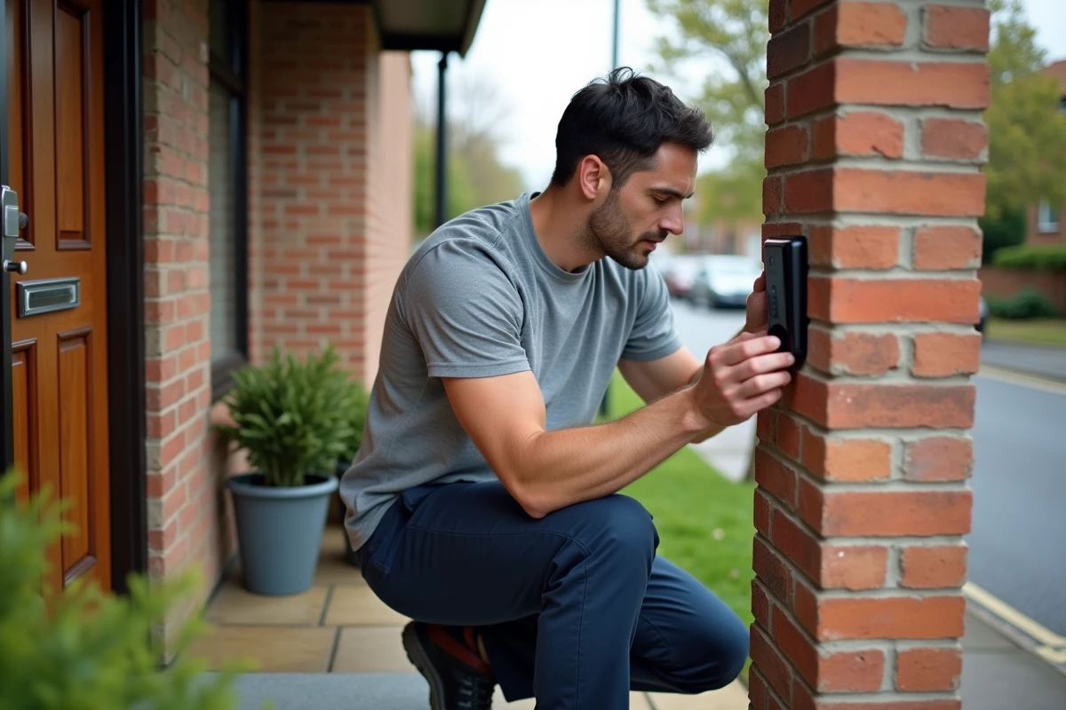 Homme installant une sonnette vidéo connectée sur la façade extérieure d'une maison sécurisée