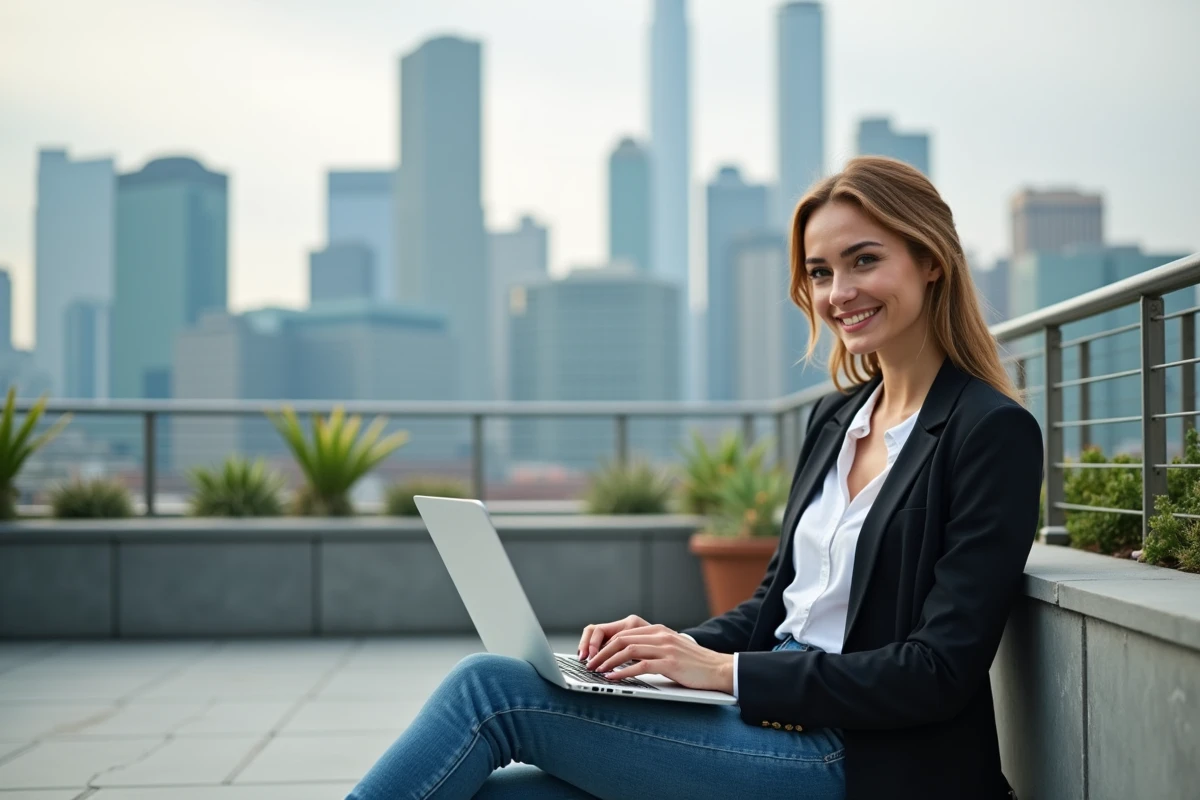 Jeune entrepreneure travaillant sur son ordinateur en terrasse urbaine