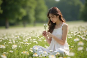 Jeune femme dans un champ de marguerites en plein air