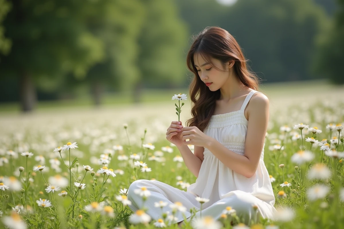 Jeune femme dans un champ de marguerites en plein air