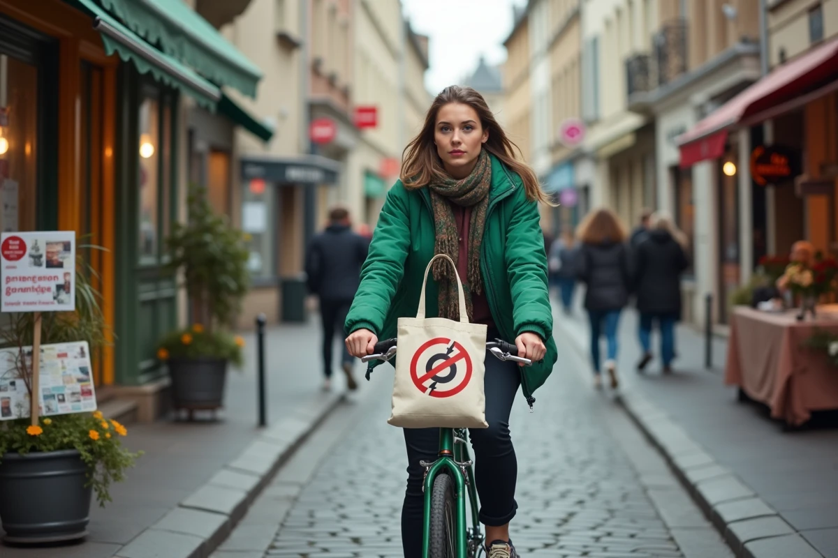 Jeune femme à vélo dans une rue animée de Rennes