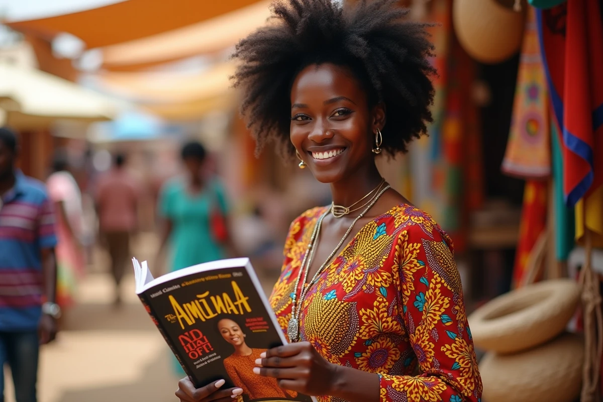 Femme souriante tenant le magazine Amina dans un marché culturel africain coloré
