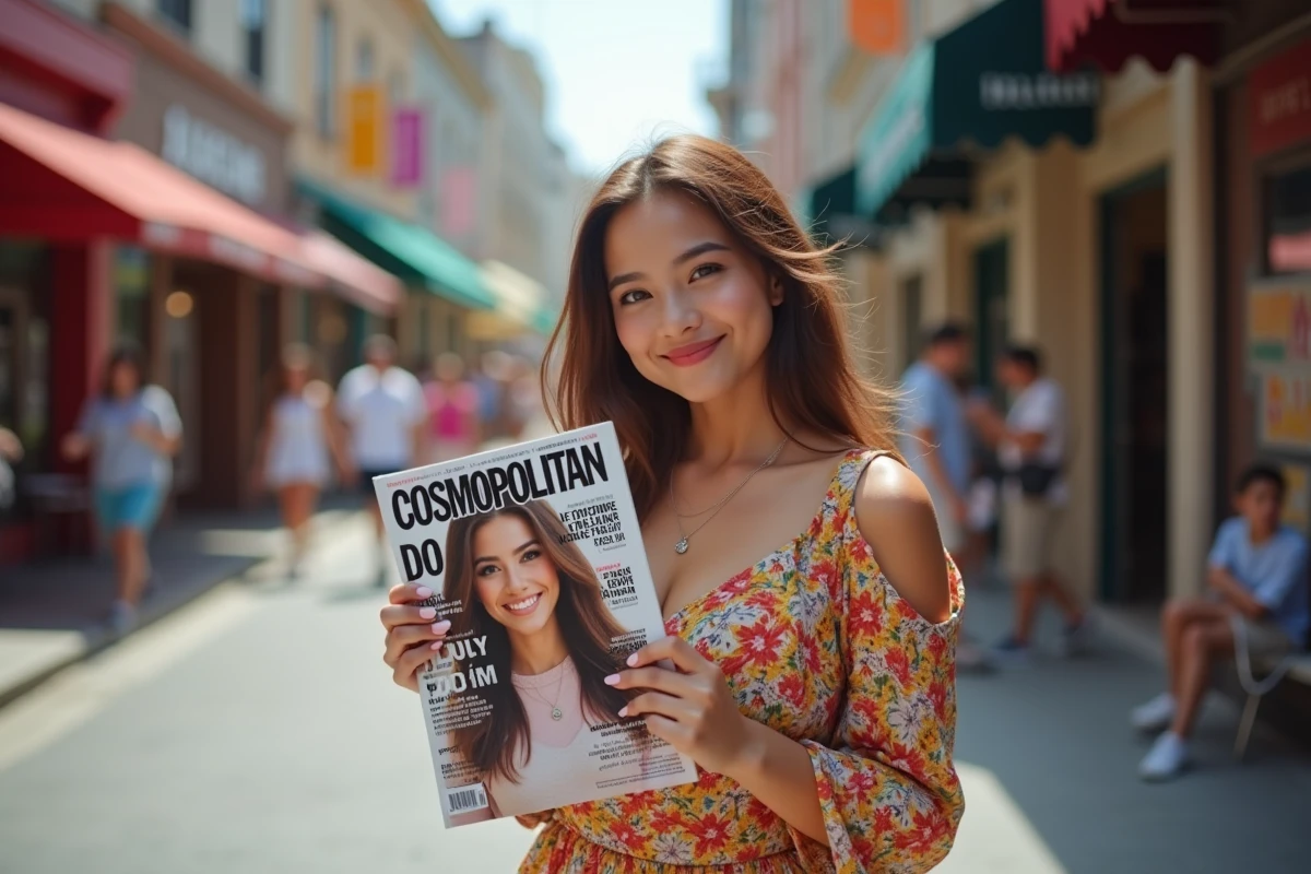 Jeune femme souriante tenant le magazine Cosmopolitan en ville