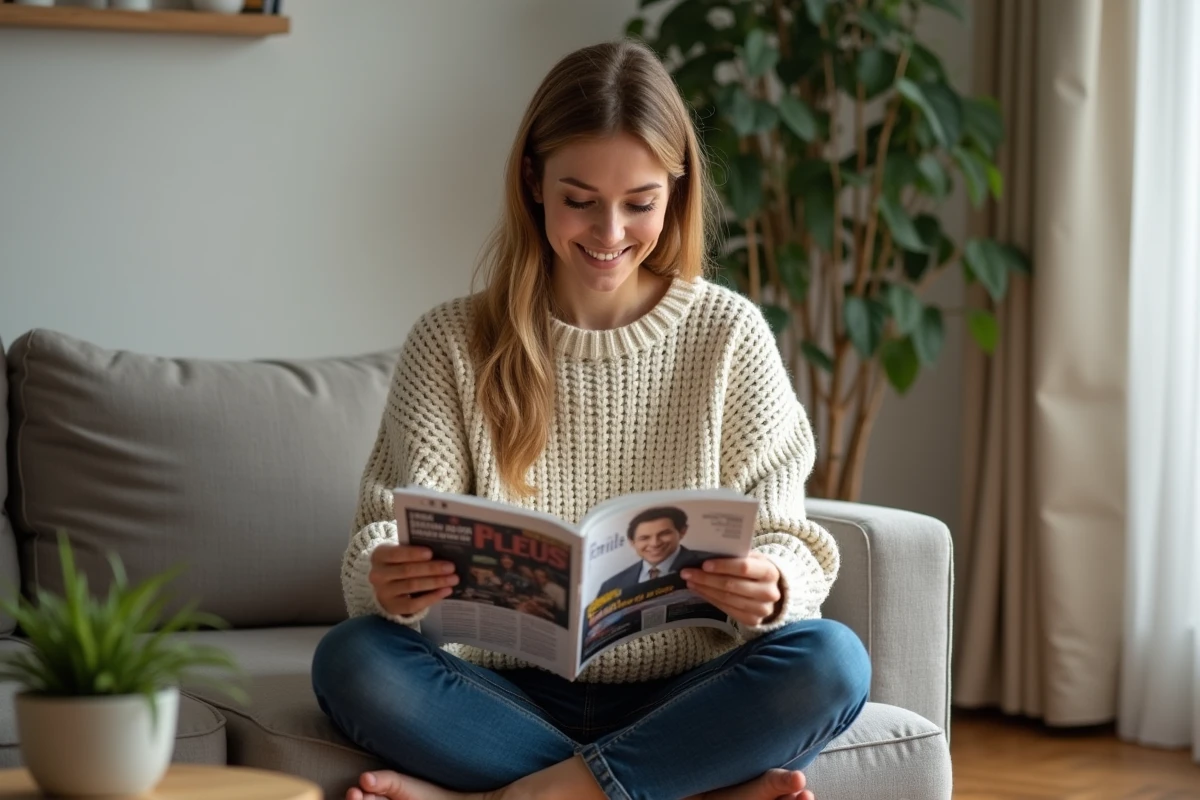 Femme lisant Femme Actuelle chez elle sur un canapé confortable