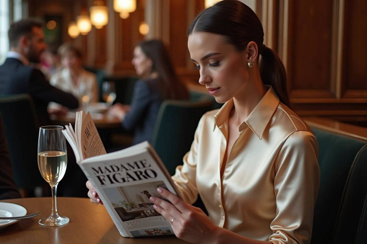 Femme élégante lisant Madame Figaro dans une brasserie parisienne raffinée