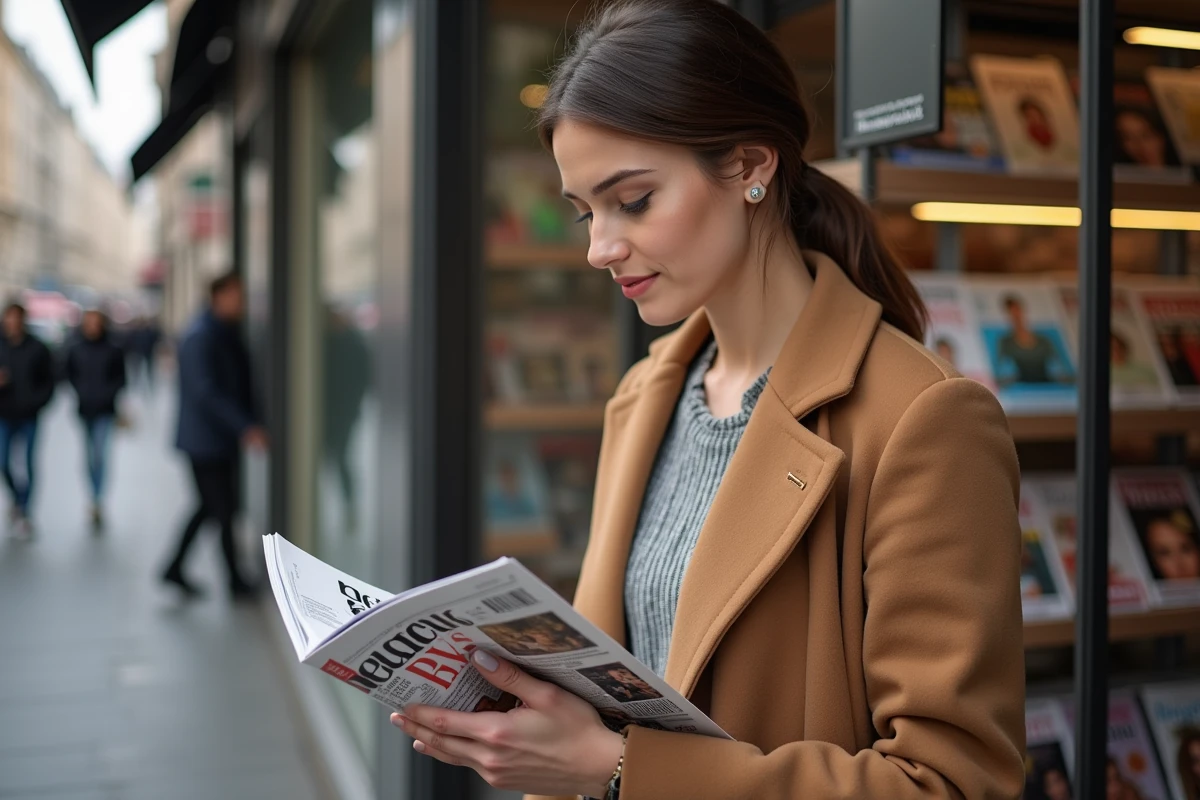 Femme feuilletant le magazine Marie Claire à un kiosque parisien