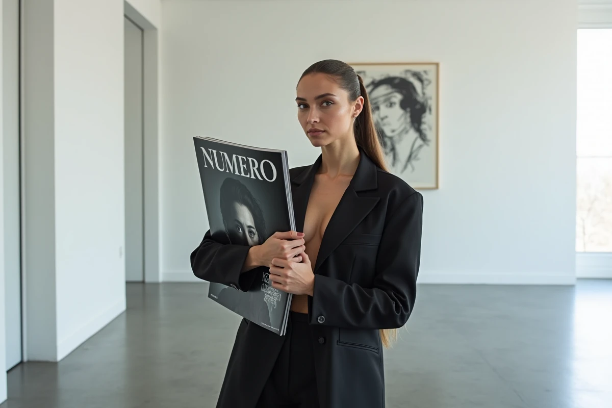 Femme tenant le magazine Numéro dans une galerie d'art minimaliste