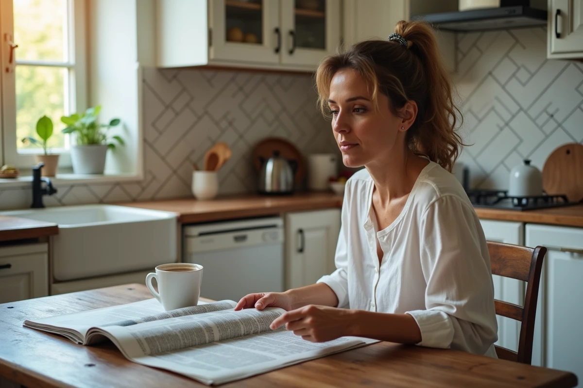 Femme lisant Version Femina autour d'un café dans une cuisine française