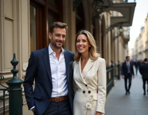 Couple élégant en tenue formelle devant un immeuble parisien haussmannien, illustrant un mariage médiatique entre personnalités publiques