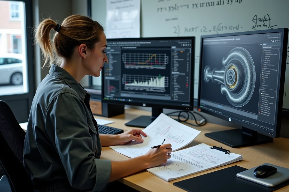 Mécanicienne consultant des calculs de performance de turbo sur des graphiques imprimés dans un bureau technique