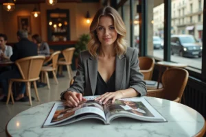 Femme élégante lisant plusieurs magazines féminins dans un café parisien