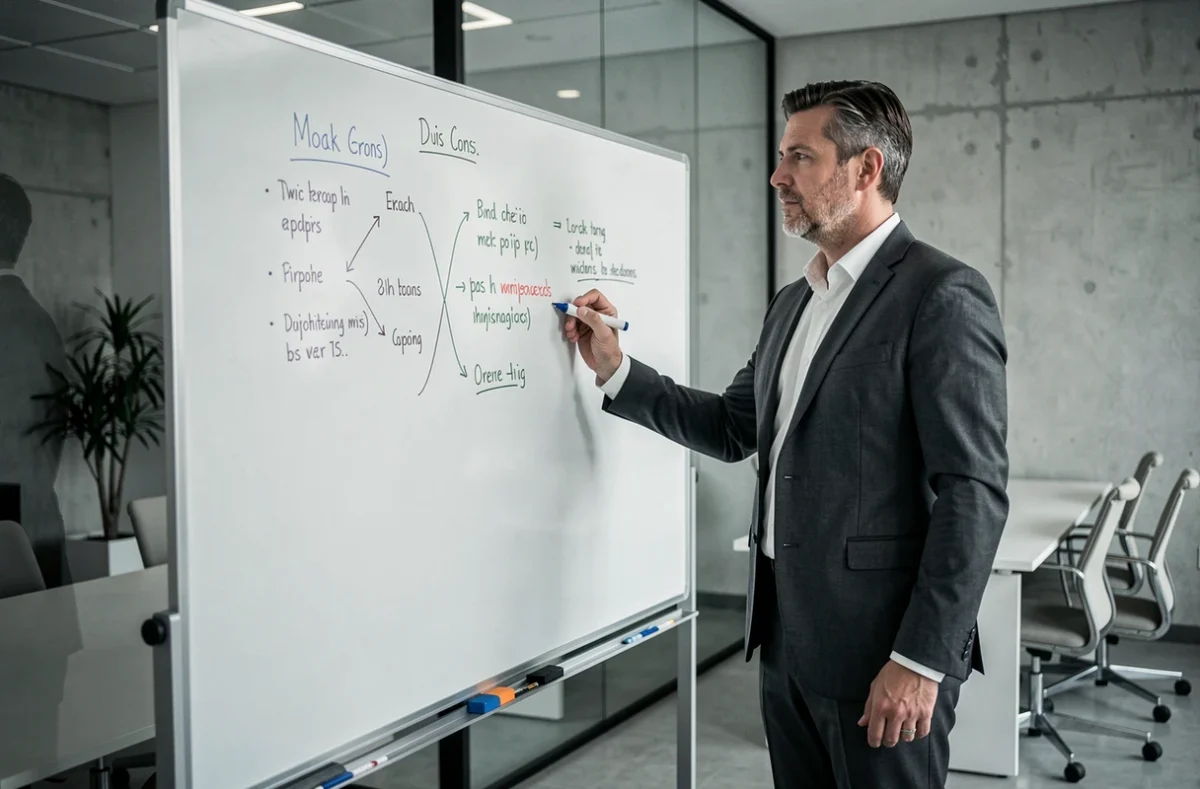 Manager masculin dessinant un diagramme de décision sur un tableau blanc dans une salle de réunion moderne