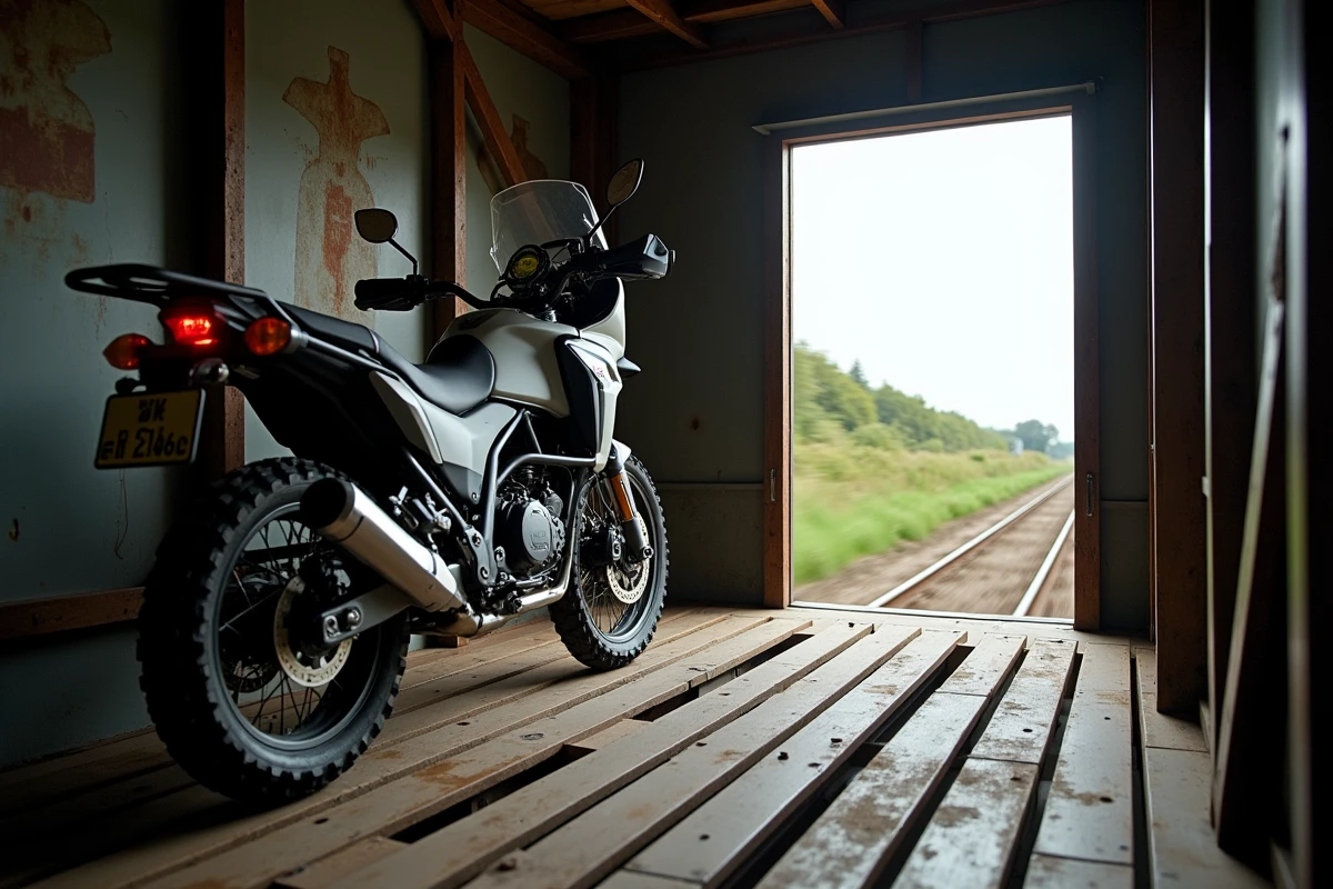 Une moto d'aventure solidement arrimée dans un wagon bagages SNCF avec vue sur le paysage européen en mouvement depuis la porte ouverte