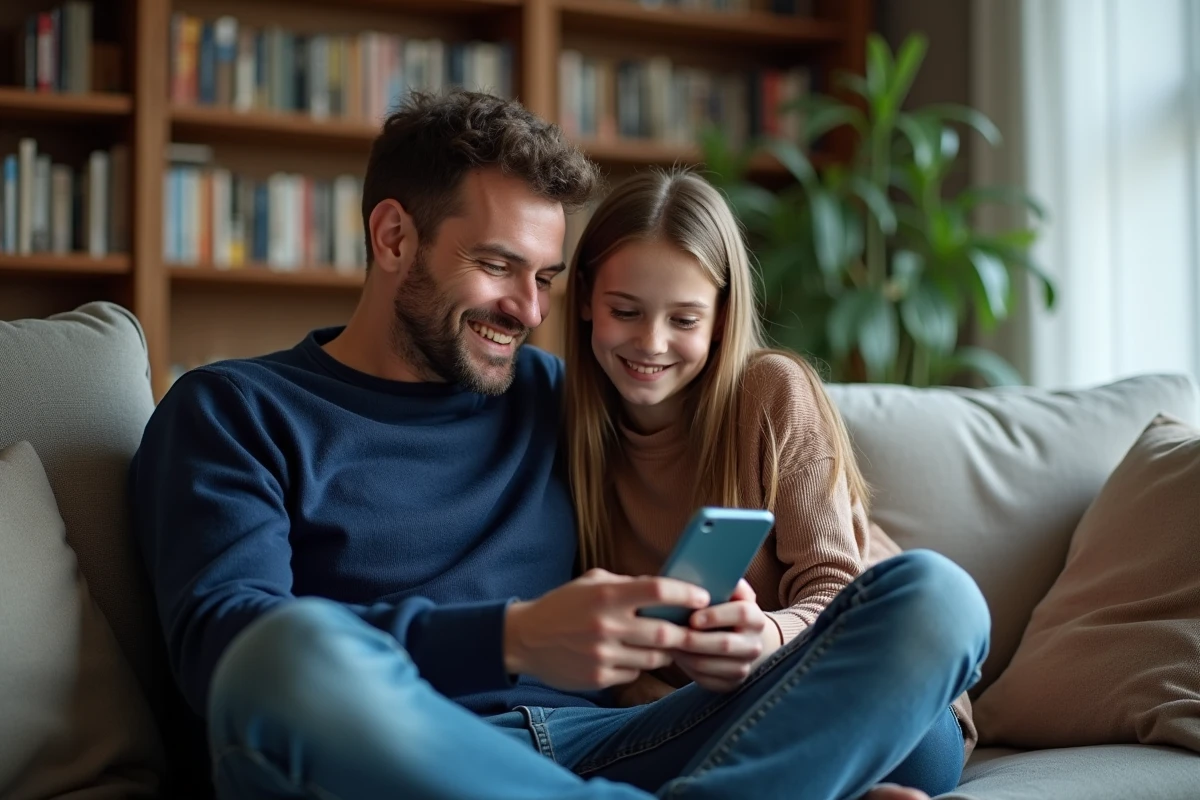 Père et fille adolescente utilisant une application de gestion des tâches familiales sur smartphone dans le salon