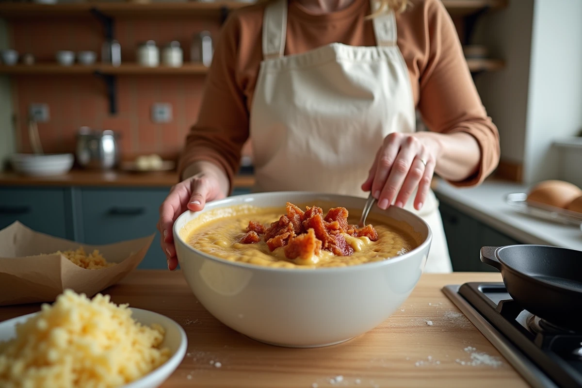 Femme préparant la pâte d'un cake lardons gruyère dans un bol en céramique avec des lardons et du fromage râpé dans une cuisine rustique
