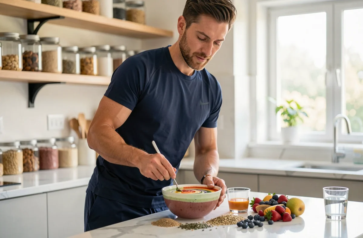 Homme préparant un bol de smoothie sain dans une cuisine moderne, illustrant les tendances nutrition et bien-être santé