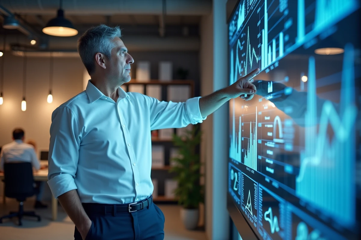 Directeur immobilier présentant des données de marché et des graphiques financiers sur un écran numérique interactif dans un bureau moderne, stratégie d'optimisation des investissements immobiliers