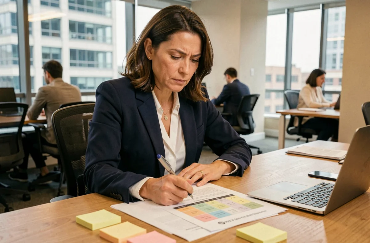 Femme cadre analysant une matrice de décision professionnelle à son bureau dans un open space moderne