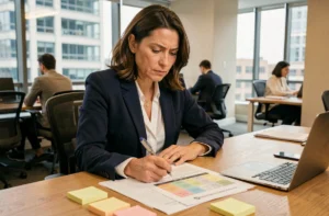 Femme cadre analysant une matrice de décision professionnelle à son bureau dans un open space moderne