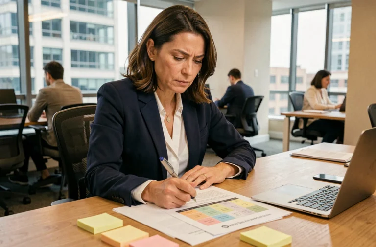 Femme cadre analysant une matrice de décision professionnelle à son bureau dans un open space moderne