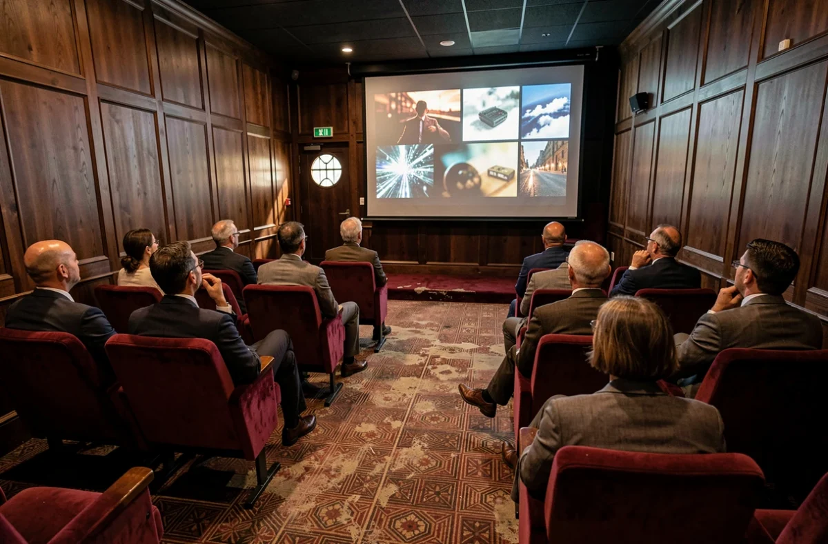 Projection privée pour professionnels de l'industrie cinématographique française dans une salle de cinéma indépendante avec fauteuils en velours rouge