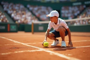 Ramasseur de balle adolescent accroupi sur un court de tennis en terre battue lors d'un grand tournoi professionnel