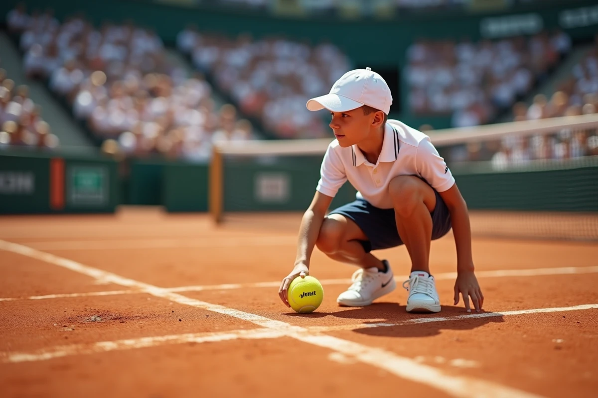 Ramasseur de balle adolescent accroupi sur un court de tennis en terre battue lors d'un grand tournoi professionnel