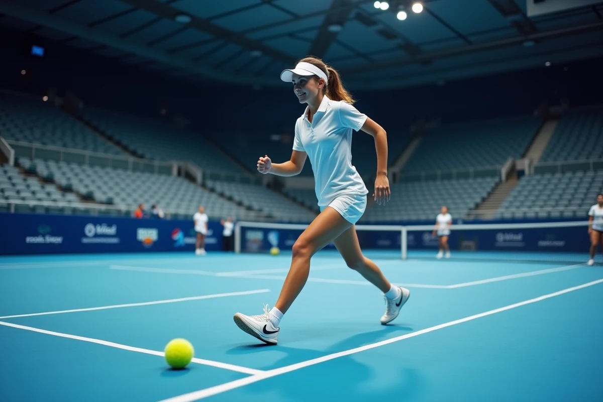 Ramasseuse de balle en action sur un court de tennis indoor lors d'un tournoi professionnel, roulant une balle le long de la ligne de fond