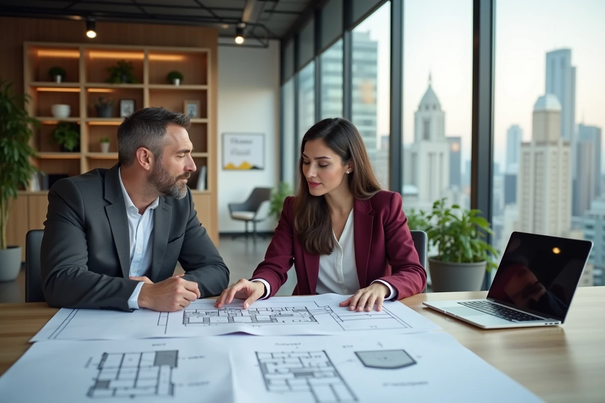 Deux professionnels de l'immobilier analysant des plans architecturaux dans une salle de réunion moderne avec vue sur la ville, pour optimiser un investissement immobilier commercial