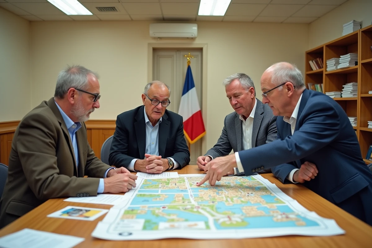 Élus municipaux français étudiant un plan de zonage blanc lors d'une réunion du conseil communal