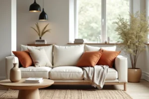 Salon moderne au style scandinave avec canapé en lin crème, table basse en chêne et tapis en laine, ambiance chaleureuse et épurée