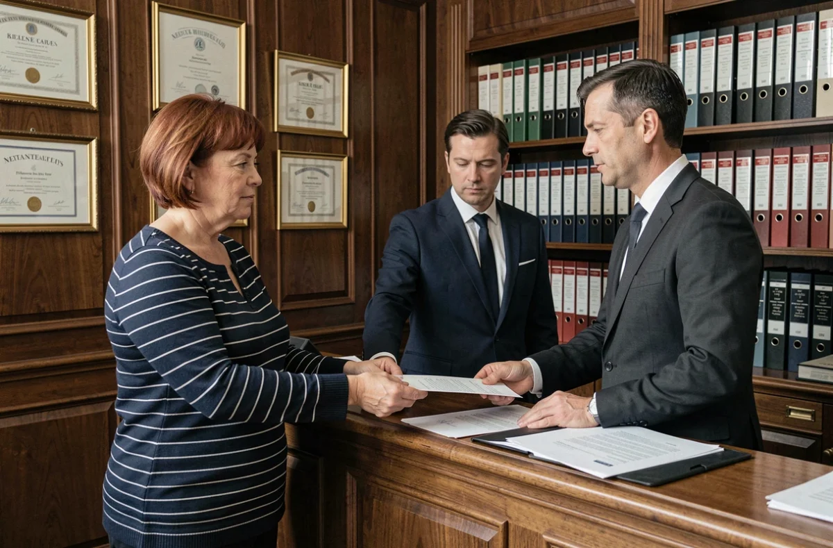 Femme signant des actes notariés liés à une résidence principale chez un notaire