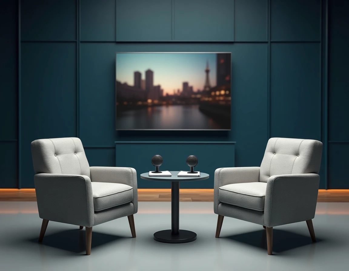 Studio de télévision vide avec deux fauteuils et microphones, évoquant l'univers médiatique de journalistes politiques français