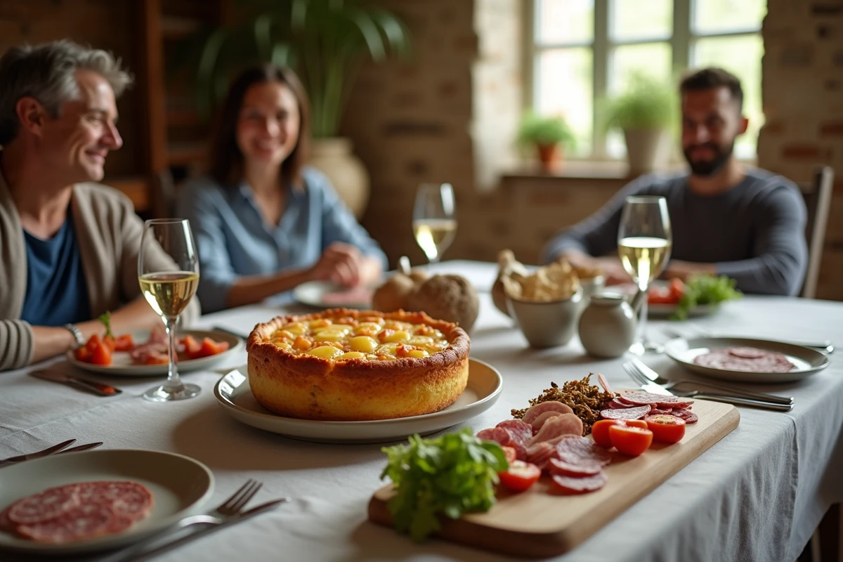 Tablée conviviale avec un cake lardons gruyère entier sur un plat en céramique accompagné d'une salade verte et de charcuterie dans une salle à manger rustique