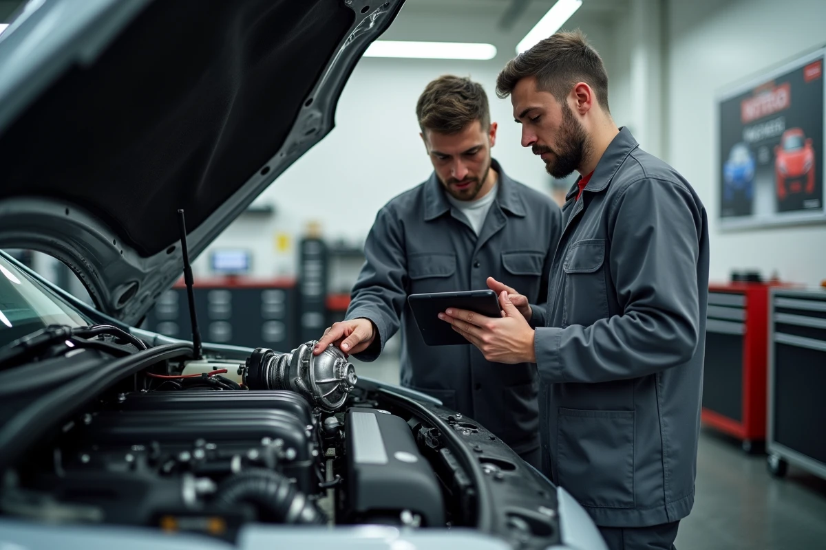 Deux techniciens automobiles collaborant sur le calcul d'un turbocompresseur monté sur un moteur en atelier