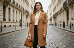 Jeune femme élégante en manteau camel et sac en cuir dans une rue pavée parisienne en automne, inspiration mode tendance
