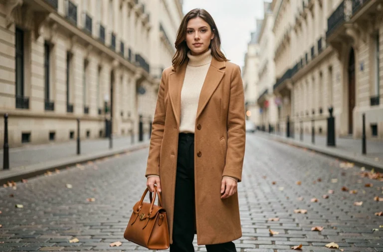 Jeune femme élégante en manteau camel et sac en cuir dans une rue pavée parisienne en automne, inspiration mode tendance