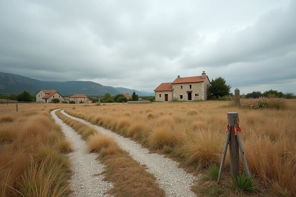 Terrain non constructible en zone blanche à la périphérie d'un village rural français avec maisons en pierre
