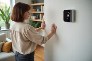 Femme ajustant un thermostat intelligent dans un salon moderne bien équipé et confortable