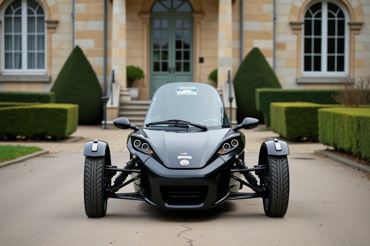 Trike trois roues garé devant une préfecture française avec vignette d'homologation officielle