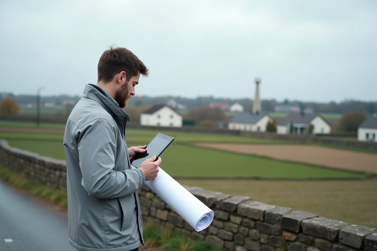 Urbaniste consultant un plan d'aménagement en zone périurbaine française sur le terrain