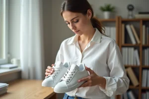 Femme inspectant une paire de baskets blanches pour vérifier leur authenticité à la maison