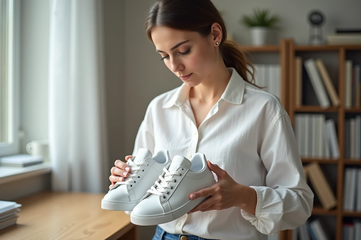 Femme inspectant une paire de baskets blanches pour vérifier leur authenticité à la maison