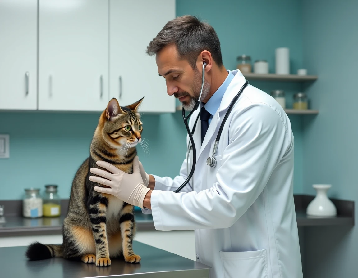 Vétérinaire examinant un chat tigré avec un stéthoscope dans une clinique vétérinaire moderne, illustrant l'importance de la couverture médicale pour animaux